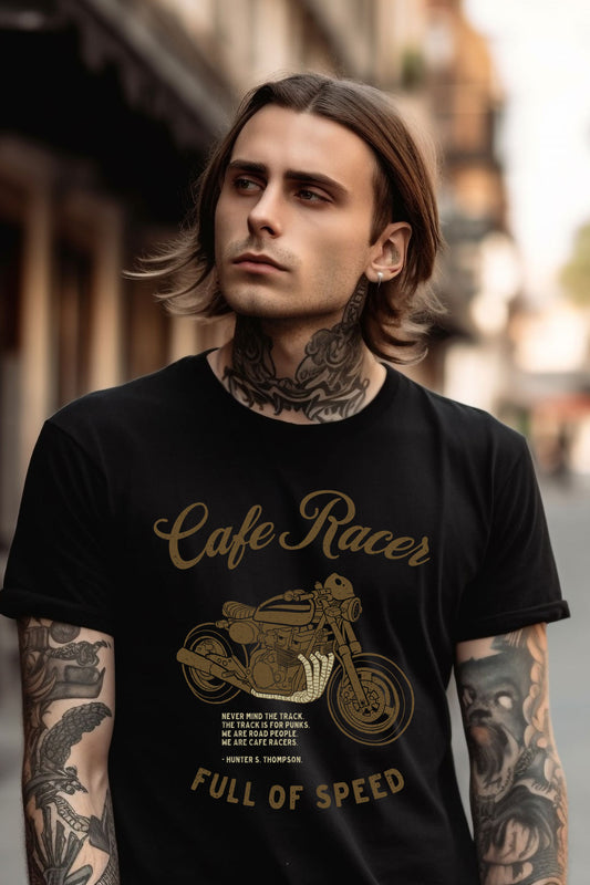 Black Cafe Racer T-shirt for Motorbikers, soft lightweight fabric, stylish and perfect