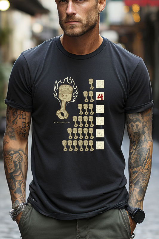 Black My Piston Sets Motorcycle T-shirt, in soft lightweight material, perfect for bikers