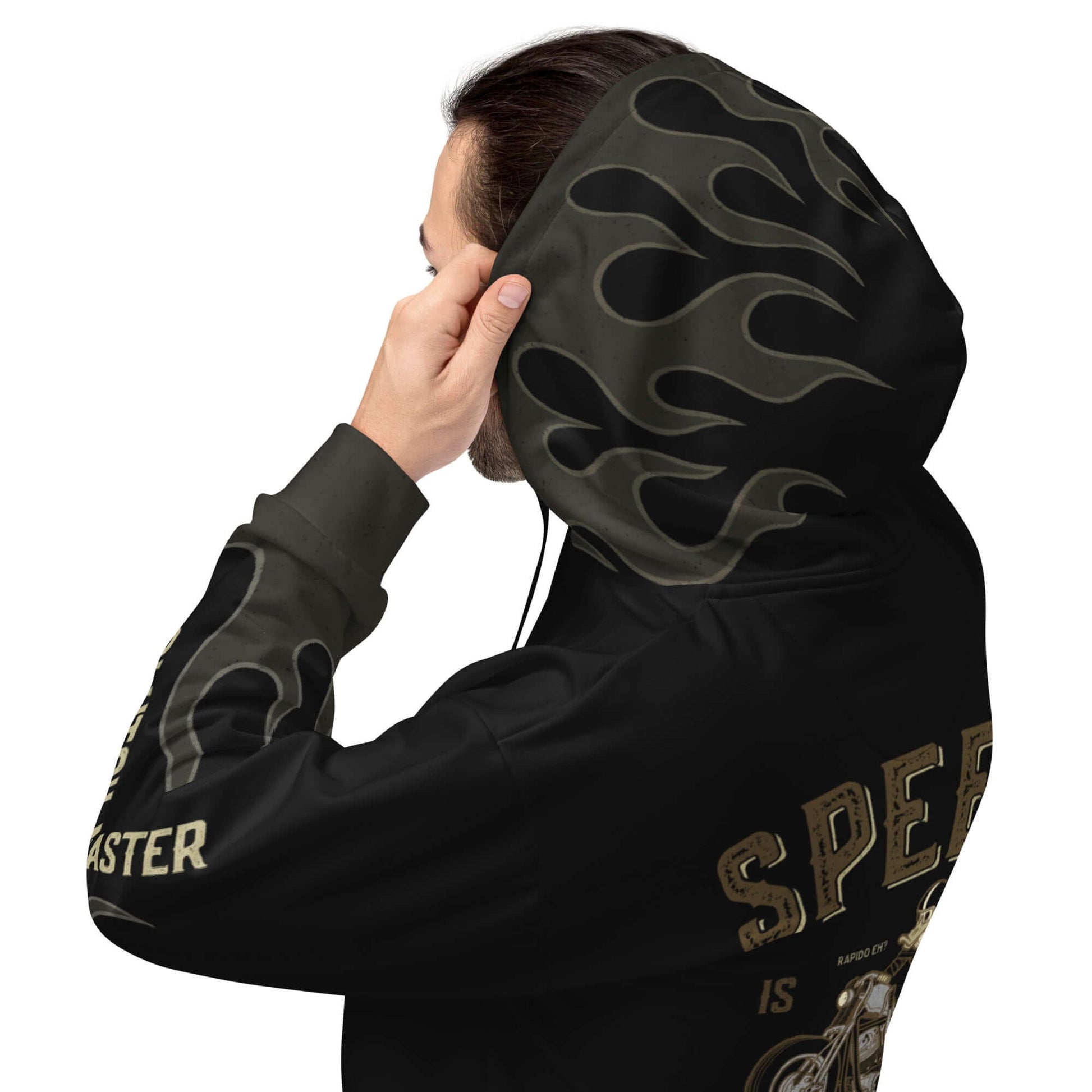 Man wearing Bobber Rider Hoodie with flame design and vintage motorcycle graphics, perfect for casual wear and biking enthusiasts.