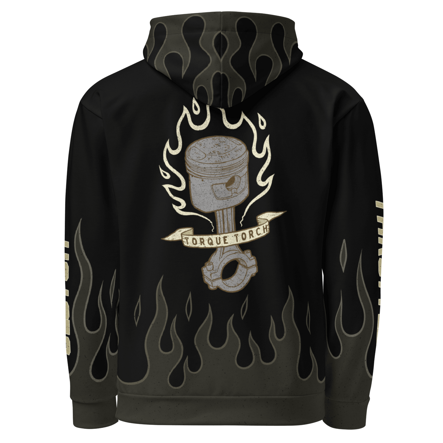 Cafe Racer Hoodie featuring a vintage design with pistons, flames, and "Torque Torch" graphic on the back.