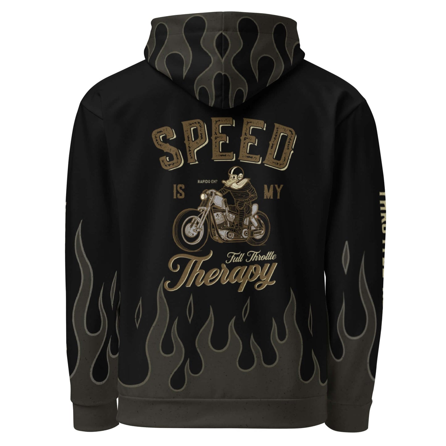 Vintage motorcycle hoodie featuring flame design and "Speed is My Therapy" print, perfect for riders and casual wear.
