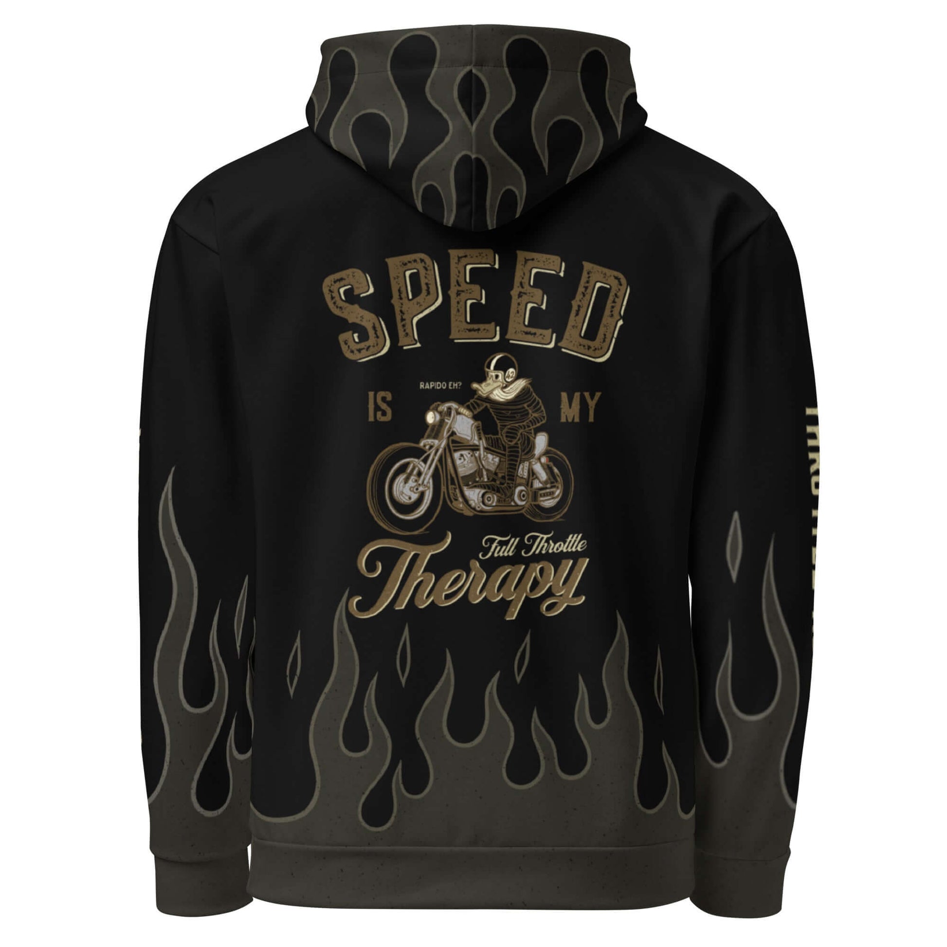 Vintage motorcycle hoodie featuring flame design and "Speed is My Therapy" print, perfect for riders and casual wear.