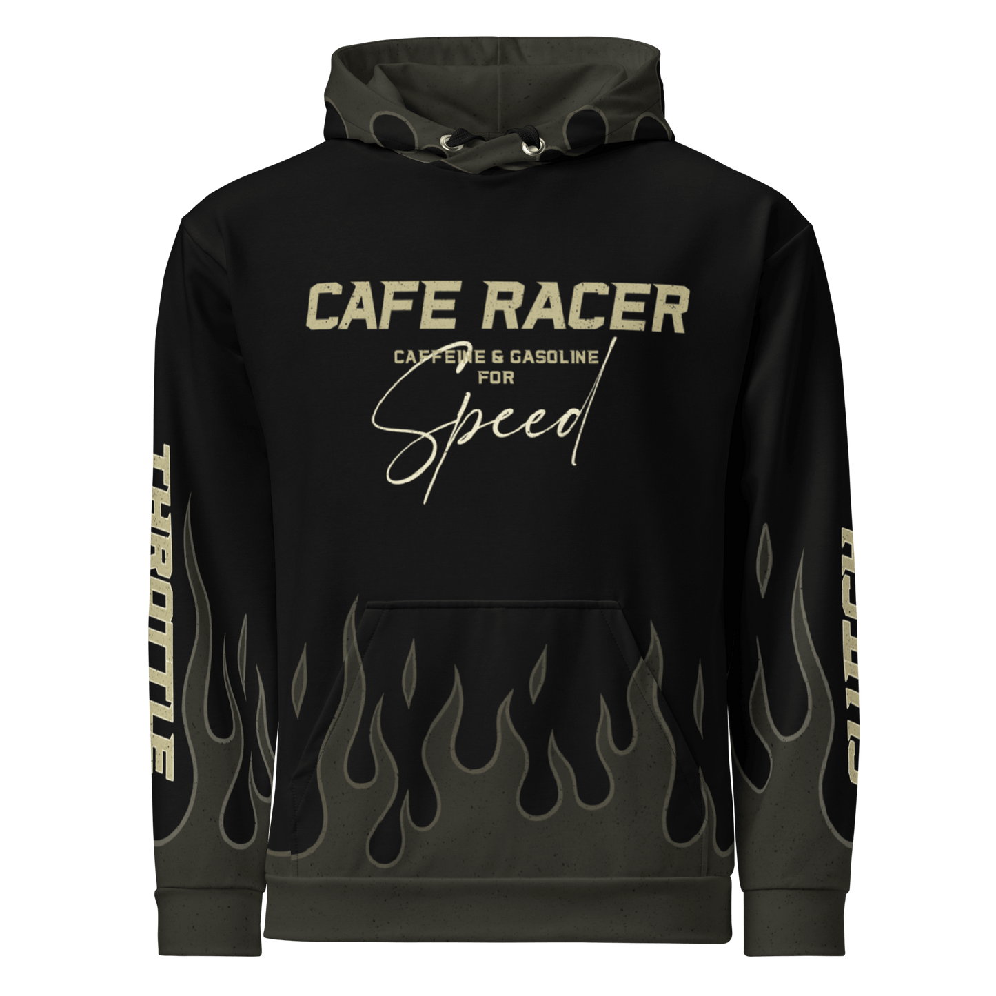 Cafe Racer Hoodie featuring flames design, vintage biker aesthetic, and comfortable fabric for cooler rides.