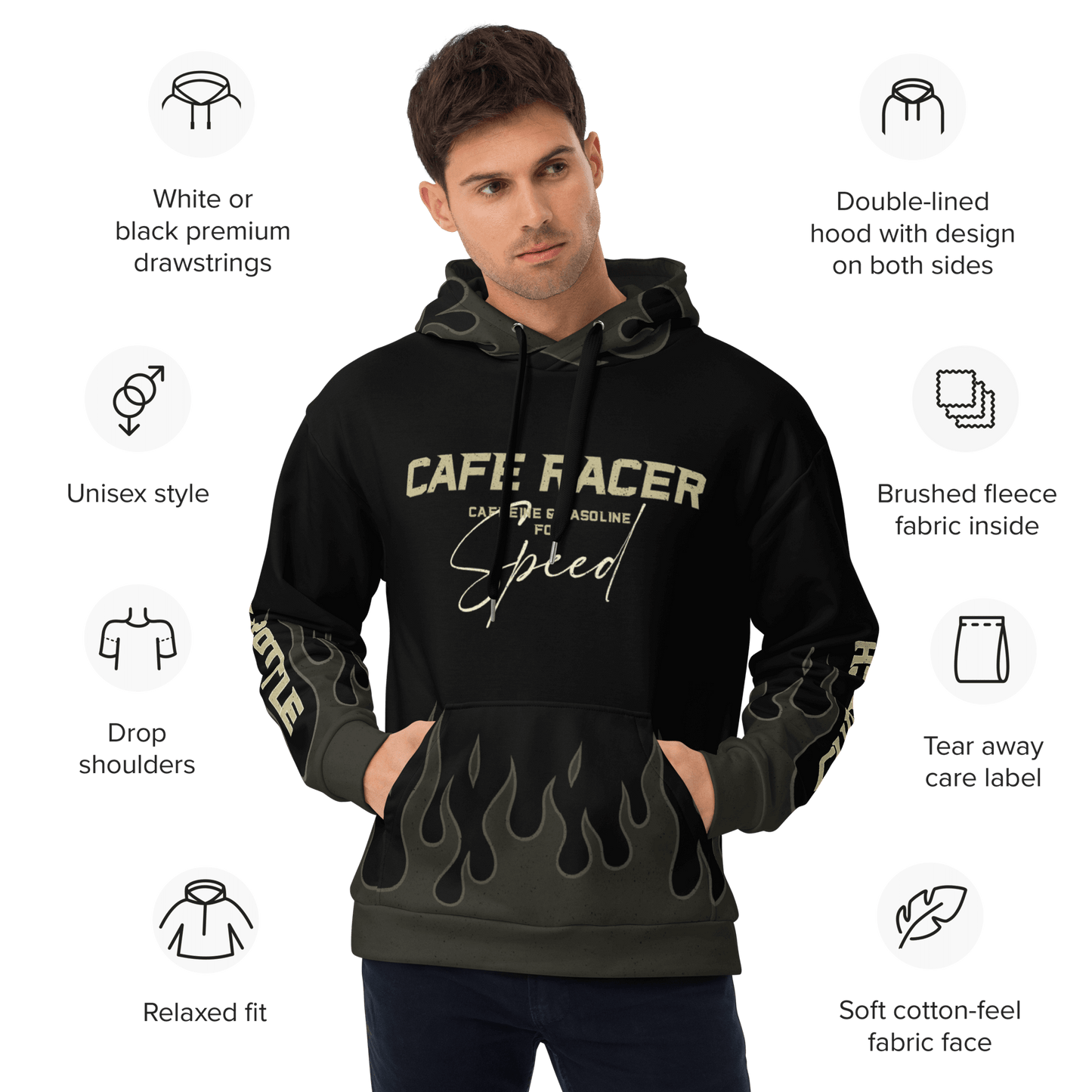 Cafe Racer Hoodie featuring flame design, brushed fleece inside, unisex fit, and comfortable drawstrings for stylish vintage appeal.
