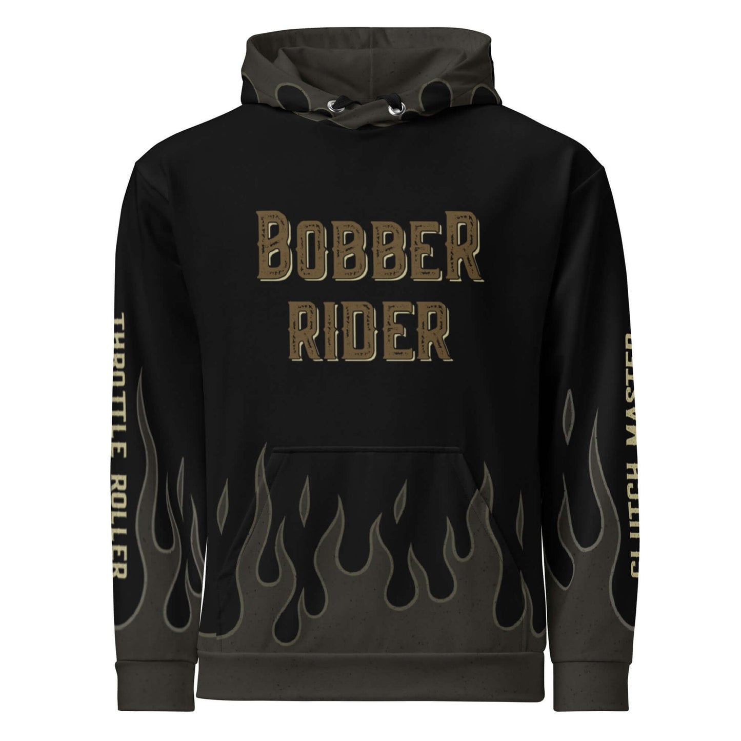 Bobber Rider Hoodie with flame design, featuring vintage-style print and relaxed fit, perfect for motorcycle enthusiasts.