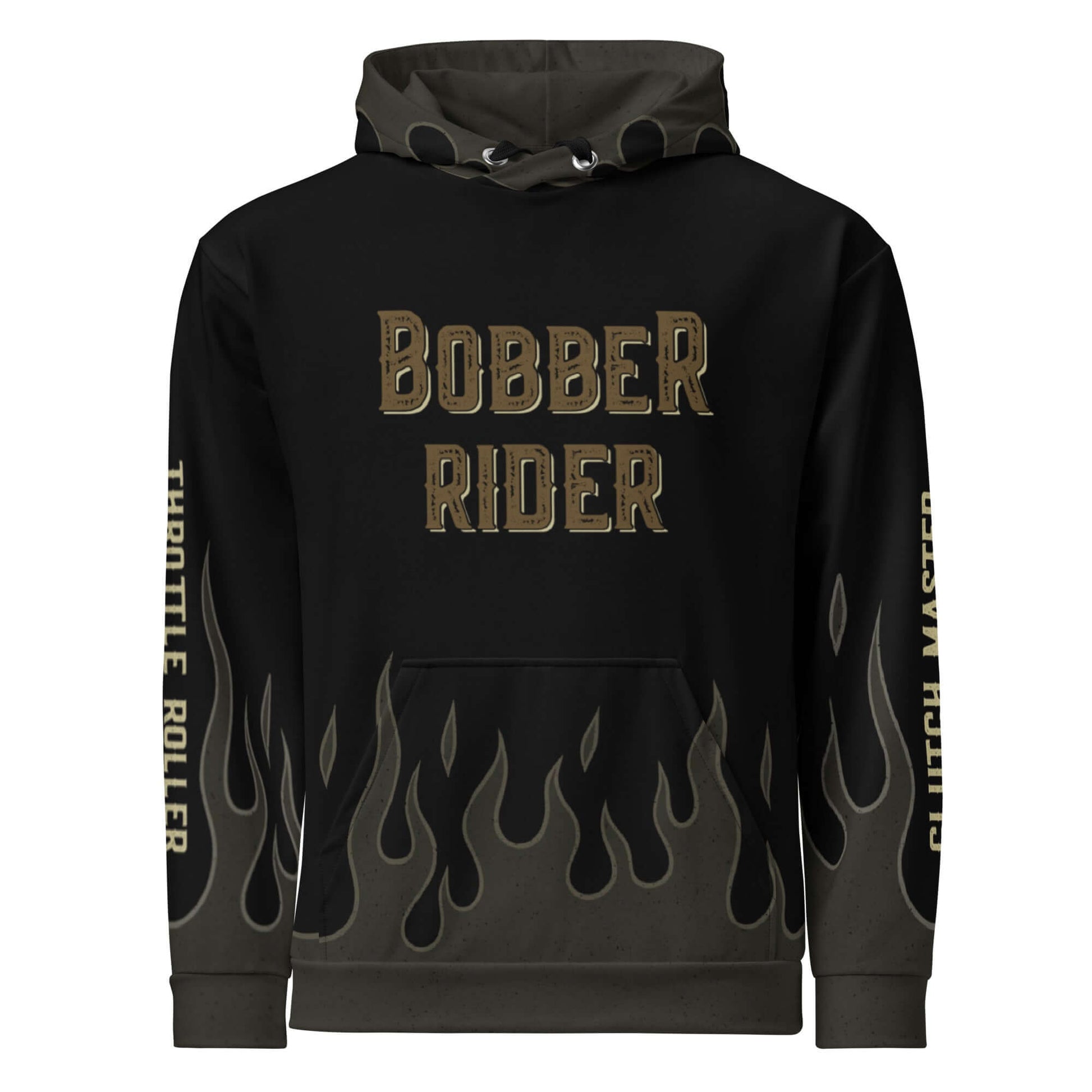 Bobber Rider Hoodie with flame design, featuring vintage-style print and relaxed fit, perfect for motorcycle enthusiasts.