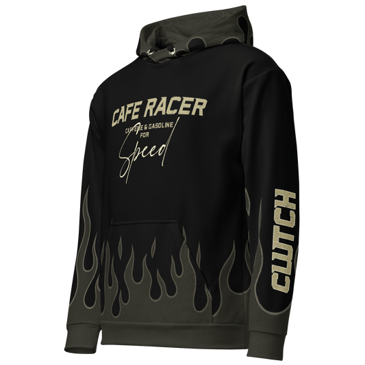 Black Cafe Racer Hoodie with flame design and text, perfect for vintage bike enthusiasts and casual wear.
