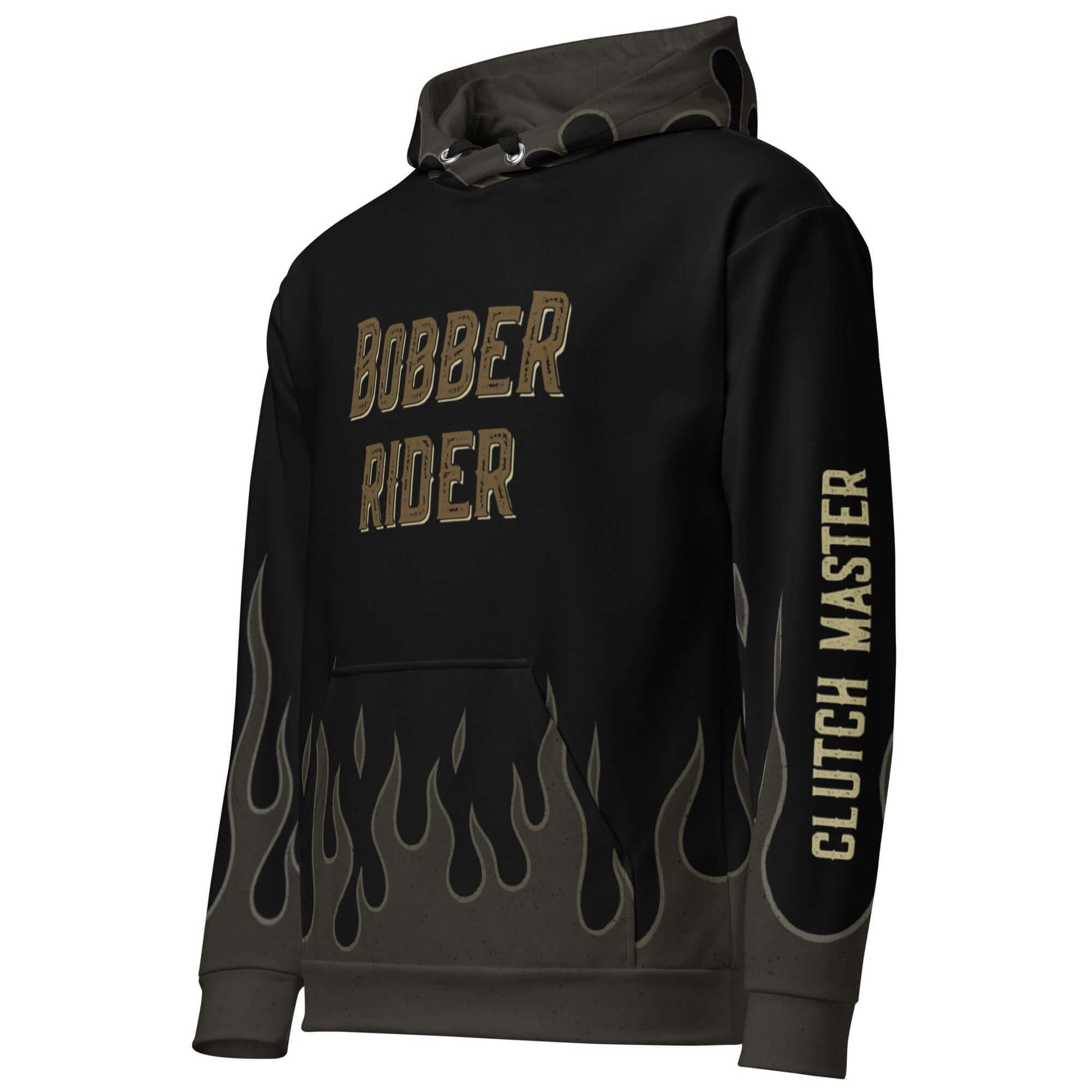 Bobber Rider Hoodie featuring flame design, vintage biker style, and warm brushed fleece interior for comfort.
