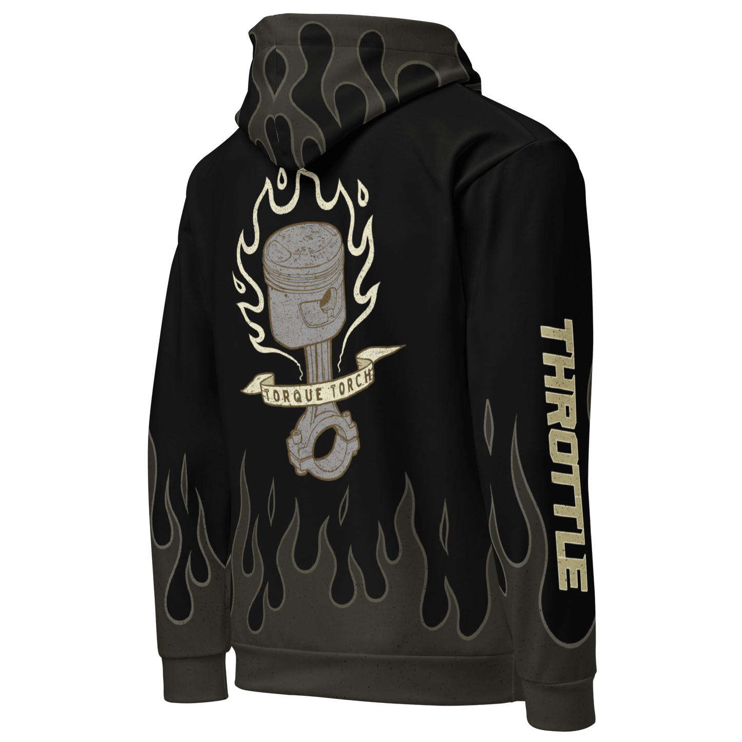 Cafe Racer Hoodie with flame design and piston graphic, perfect for vintage biker culture and comfortable rides.