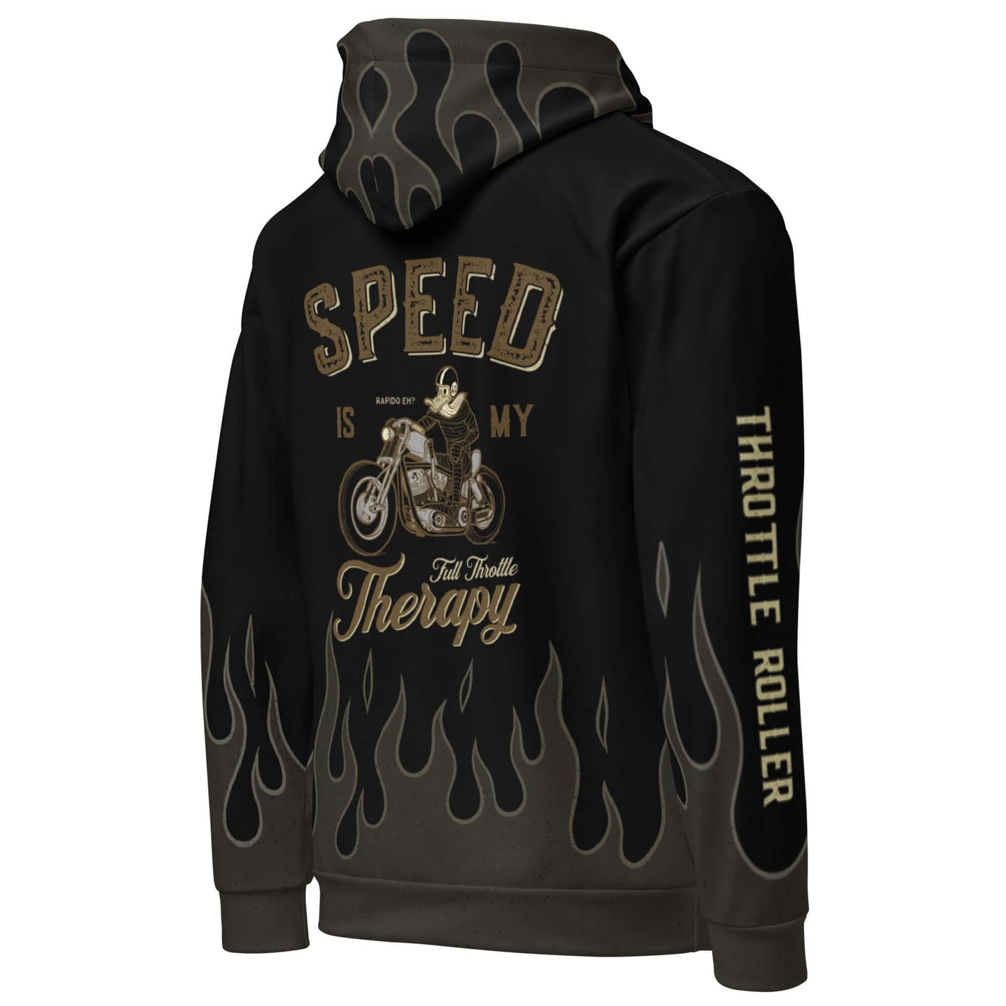 Bobber Rider Hoodie featuring a vintage motorcycle design with "Speed is My Therapy" graphic and flame details.