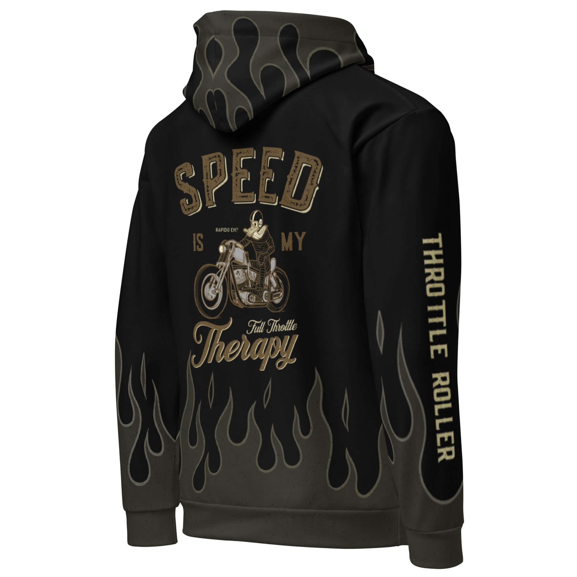Bobber Rider Hoodie featuring a vintage motorcycle design with "Speed is My Therapy" graphic and flame details.
