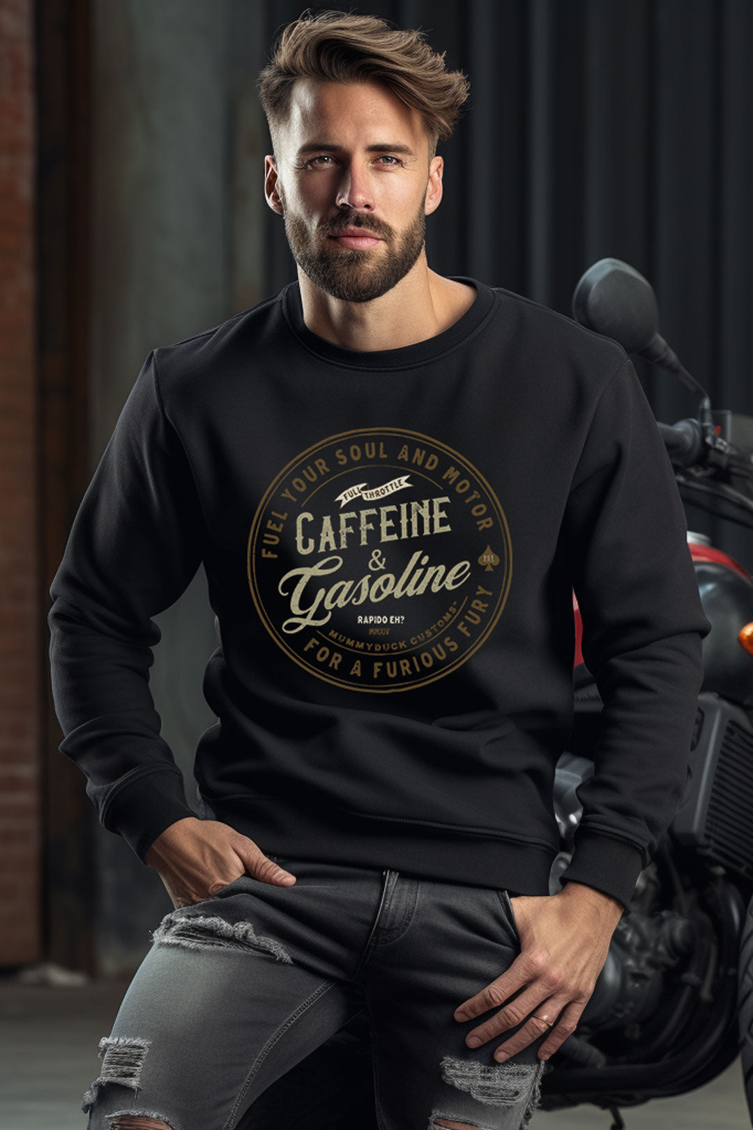 Black Caffeine & Gasoline Sweatshirt, soft lightweight feel, great for motorbikers who live on caffeine and gasoline