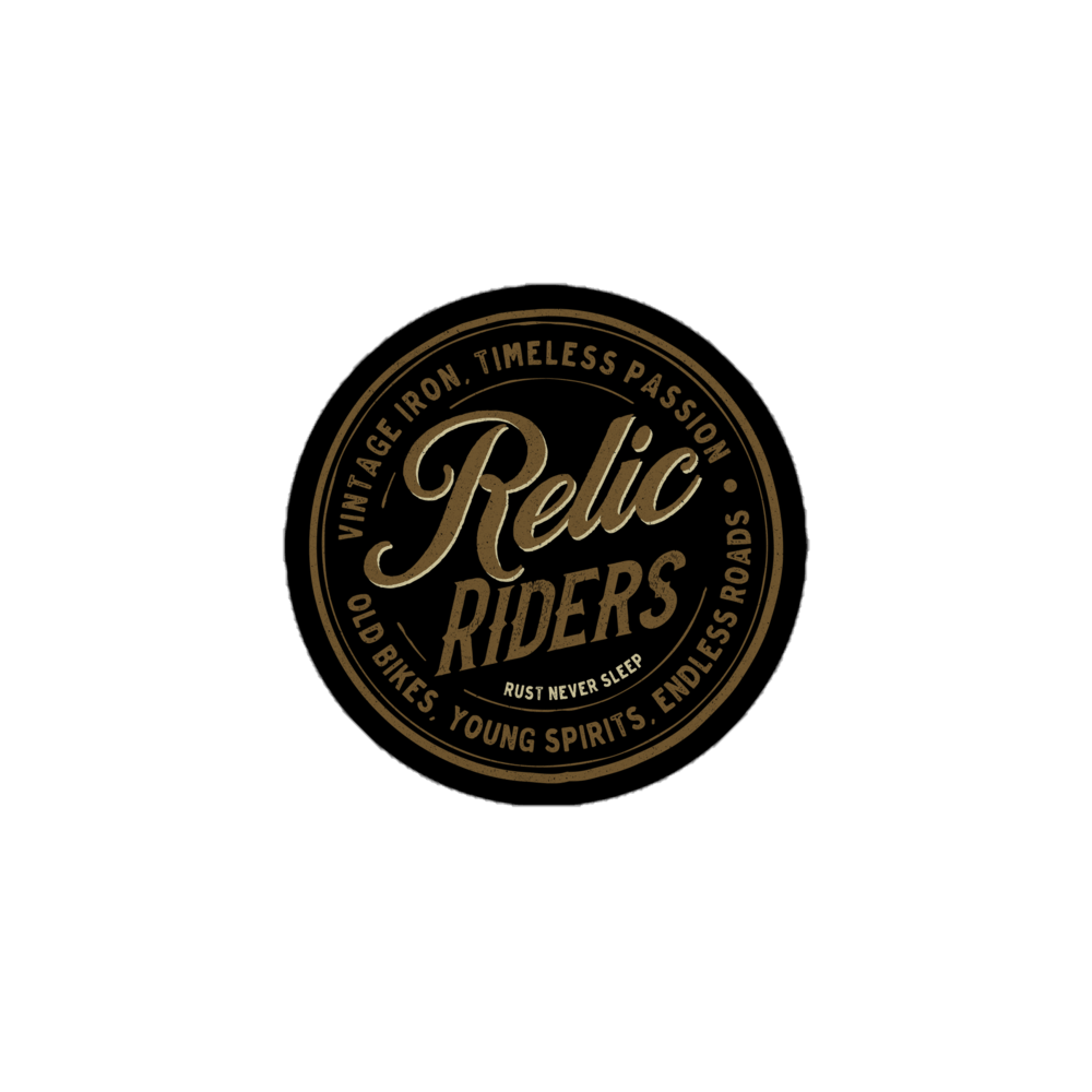 Relic Riders logo with vintage iron, timeless passion slogan on black background.