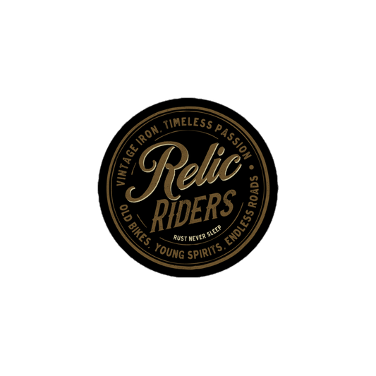 Relic Riders logo with vintage iron, timeless passion slogan on black background.