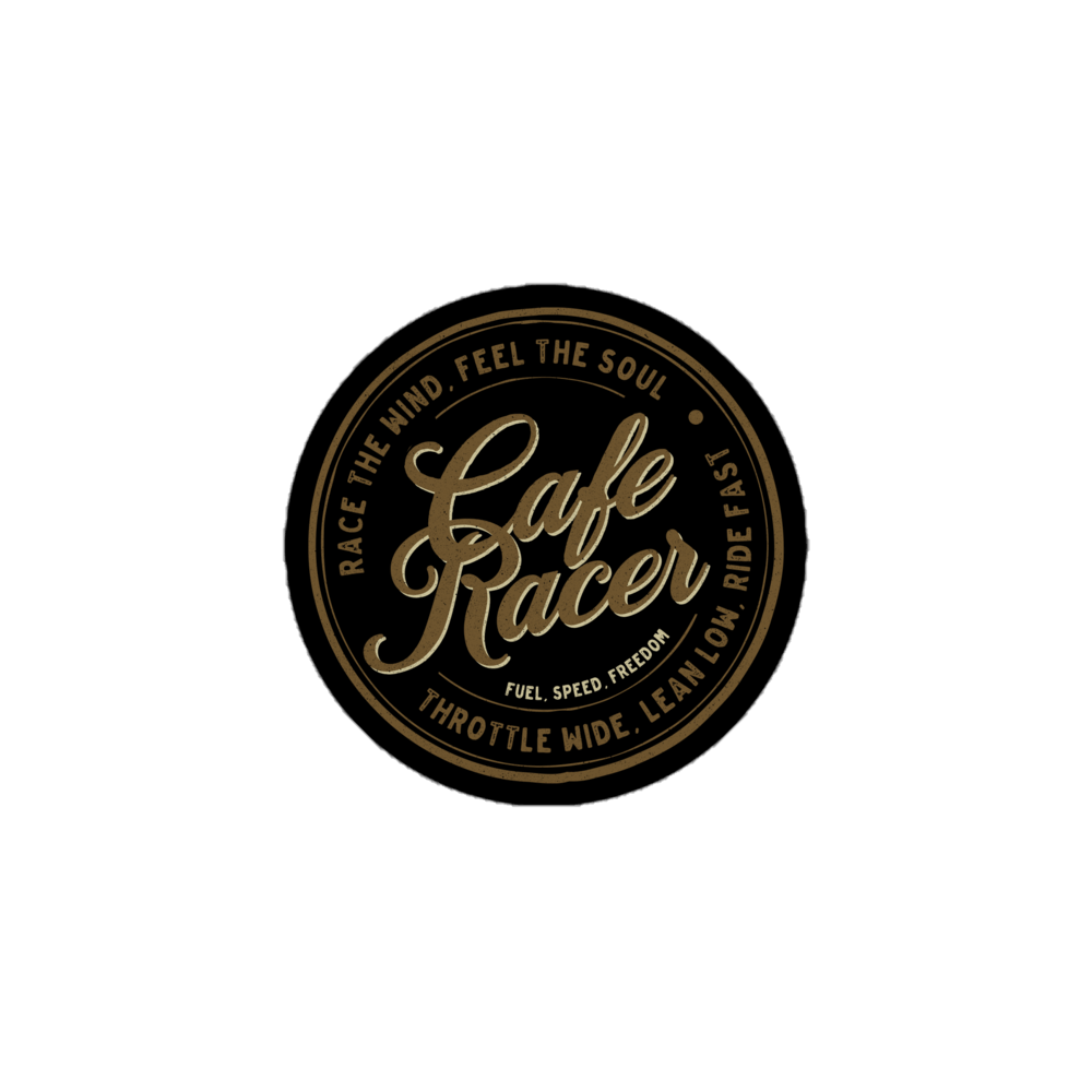 Vintage Cafe Racer sticker with classic motorbike apparel design, featuring text "Race the Wind, Feel the Soul" on black background.