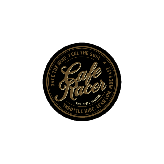 Vintage Cafe Racer sticker with classic motorbike apparel design, featuring text "Race the Wind, Feel the Soul" on black background.