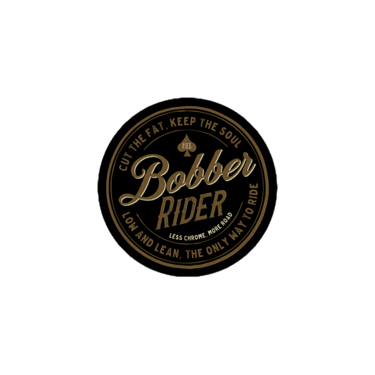 Vintage-style Bobber Rider motorcycle sticker with classic slogan for motorbike enthusiasts, black background.