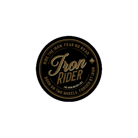 Iron Rider Motorcycle Sticker with vintage design and "Born on Two Wheels" slogan for motorbike enthusiasts.