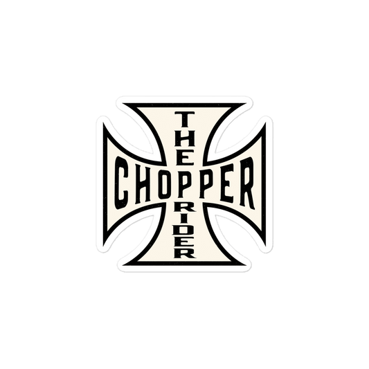 Chopper motorcycle sticker featuring Maltese cross design with "The Chopper Rider" text, perfect for motorbike enthusiasts.