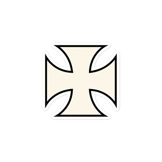 Maltese Cross sticker in cream color with black outline for motorcycle enthusiasts and chopper riders.