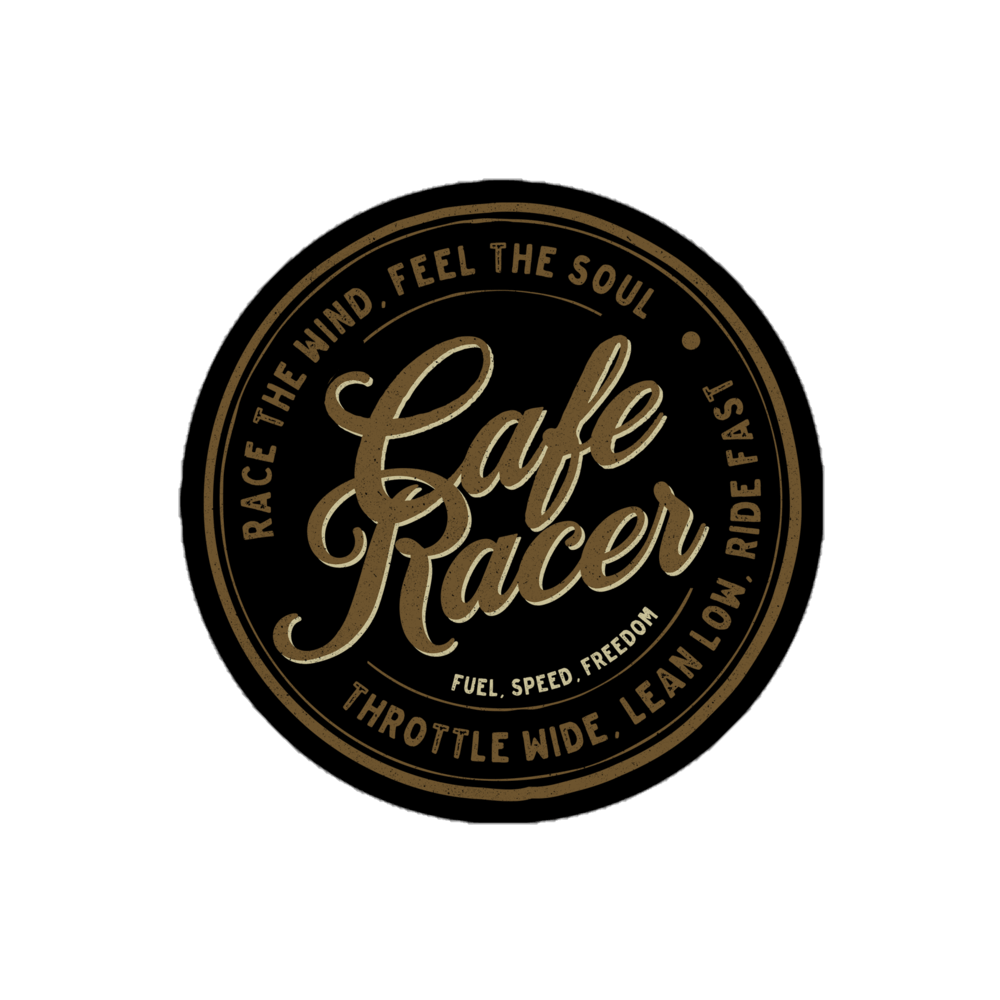 Cafe Racer sticker with vintage design and phrases "Race the Wind" and "Feel the Soul" in circular layout.