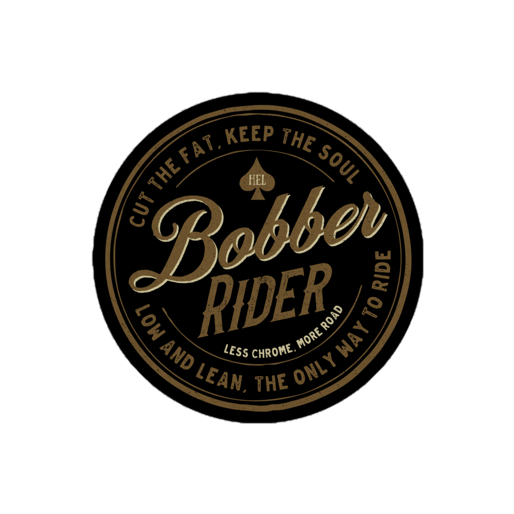 "Bobber Rider sticker with vintage motorcycle style and slogan, ideal for motorbike enthusiasts and classic Pops from Motor Relics collection"