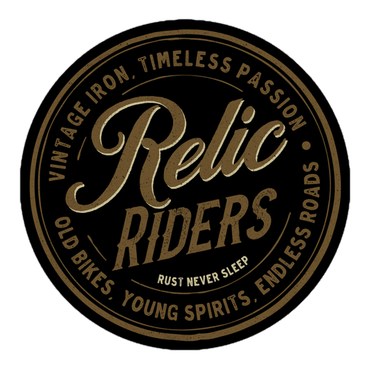 Relic Riders logo with "Vintage Iron, Timeless Passion" and "Old Bikes, Young Spirits, Endless Roads" slogans.