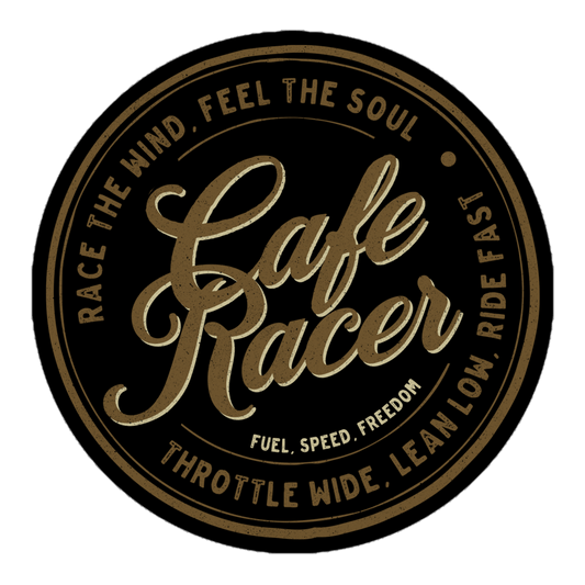 Cafe Racer sticker featuring vintage motorcycle themed typography design with phrases "Race the Wind" and "Feel the Soul".