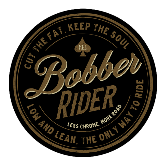 Vintage style Bobber Rider sticker with motorcycle-themed design for bike enthusiasts and classic pops from Motor Relics collection.