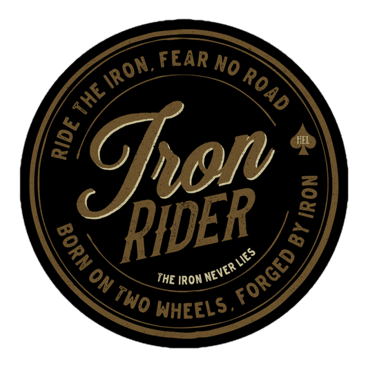 Iron Rider motorcycle sticker with text "Ride the Iron, Fear No Road" for biking enthusiasts, printed on durable adhesive vinyl.