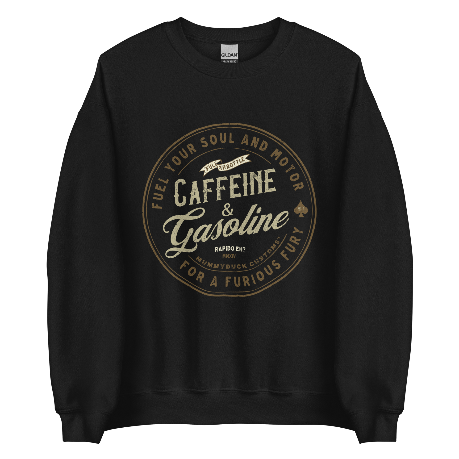 Black Caffeine & Gasoline Sweatshirt, soft lightweight feel, ideal for motorbikers passionate about coffee and riding