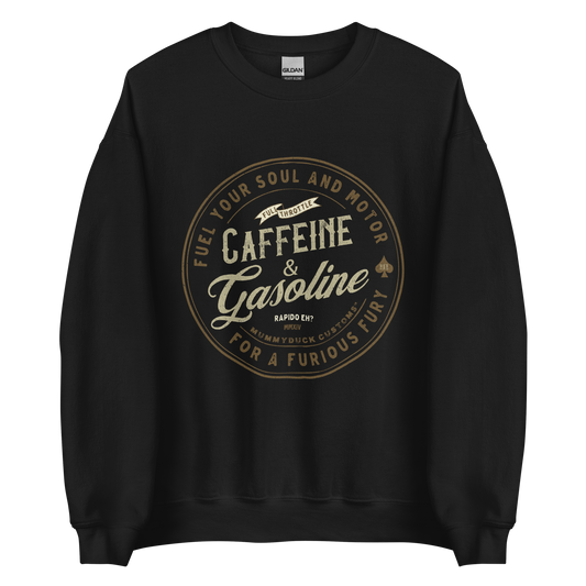 Black Caffeine & Gasoline Sweatshirt, soft lightweight feel, ideal for motorbikers passionate about coffee and riding