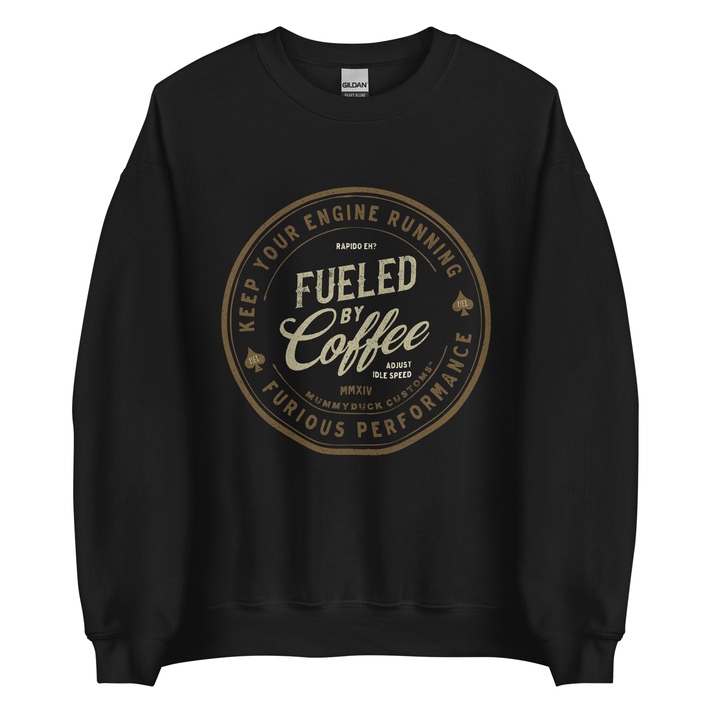 Black Fueled By Coffee Motorbike Sweatshirt, soft lightweight material, ideal for motorcycle riders and coffee fans