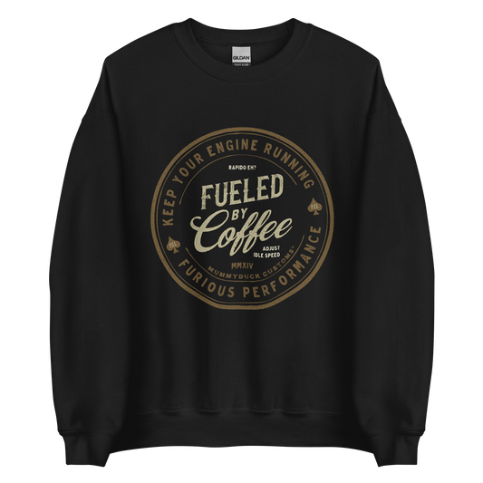 Black Fueled By Coffee Motorbike Sweatshirt, soft lightweight material, ideal for motorcycle riders and coffee fans
