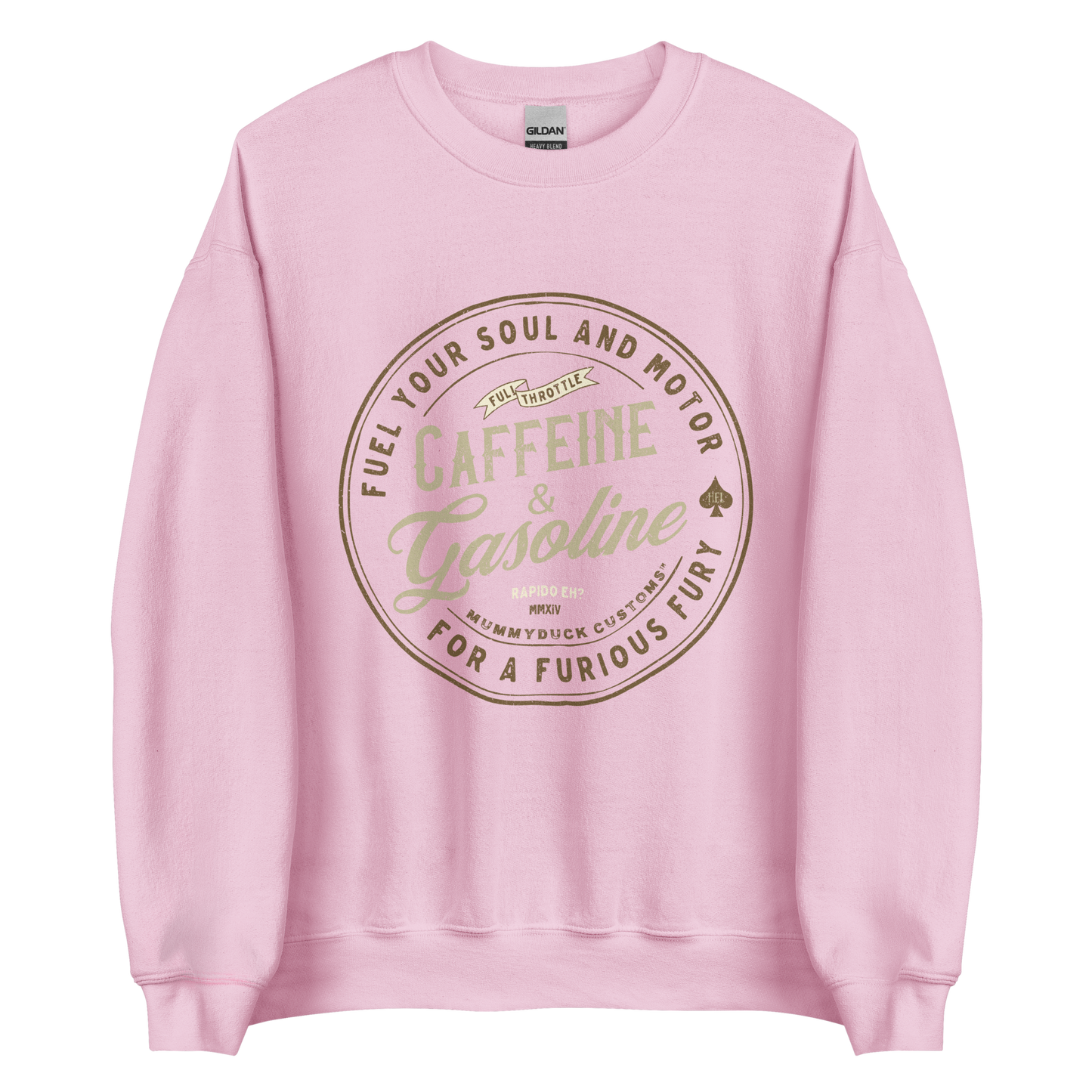 Pink Caffeine & Gasoline Sweatshirt, soft lightweight fabric, ideal for motorbikers fueled by coffee and passion for riding