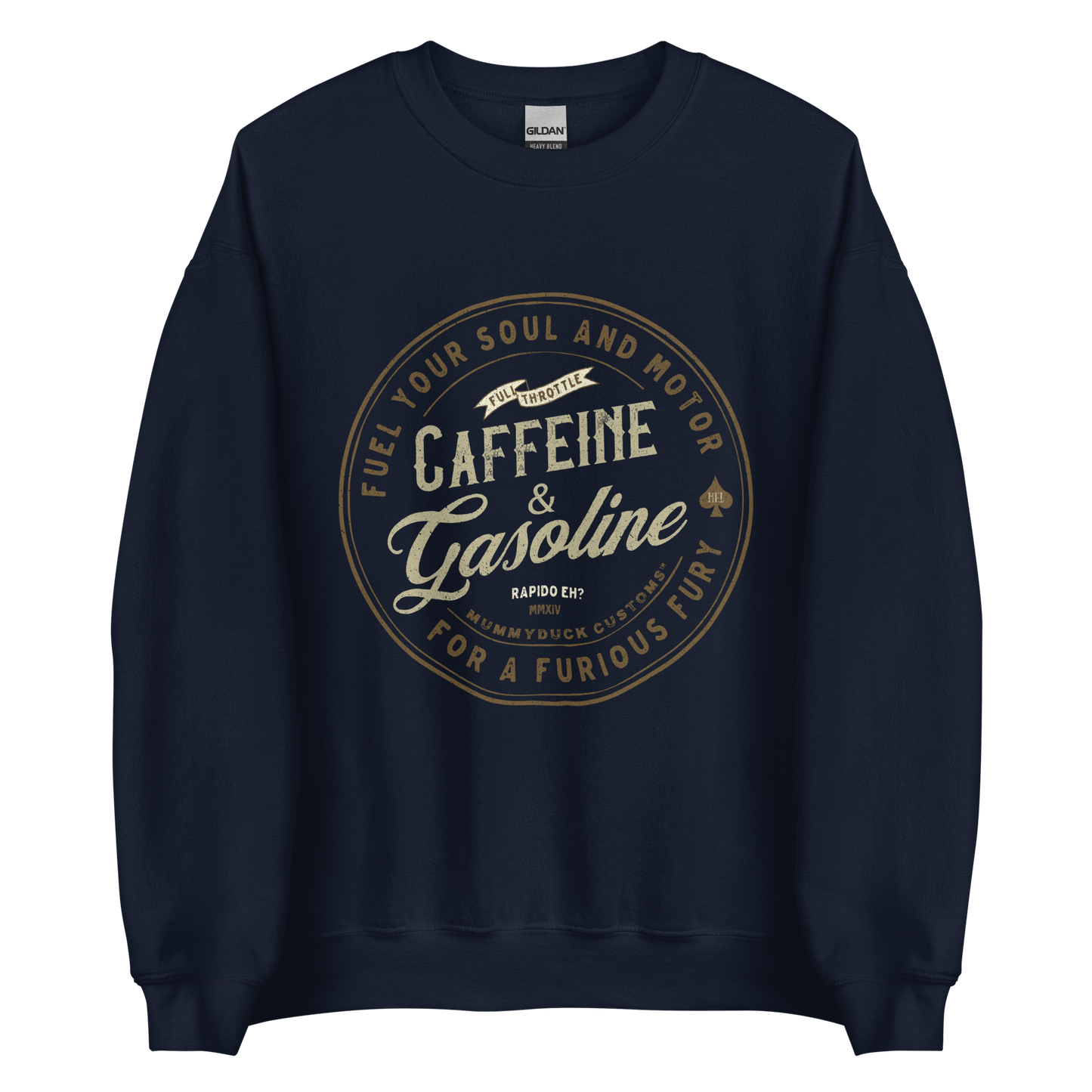 Navy Caffeine & Gasoline Sweatshirt, in soft lightweight fabric, great for motorbikers who live on caffeine and gasoline