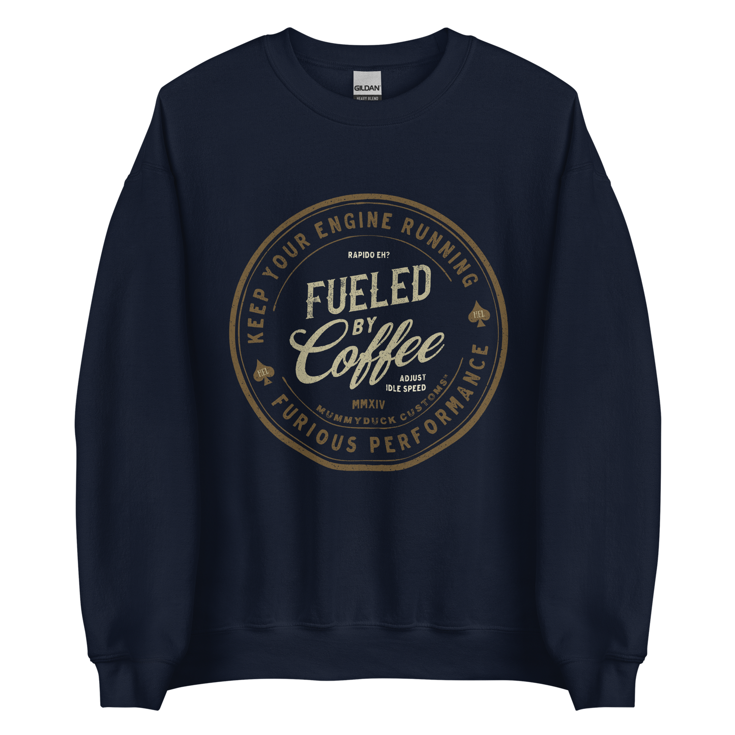 Navy Fueled By Coffee Motorbike Sweatshirt, in soft lightweight fabric, great for bikers who love coffee