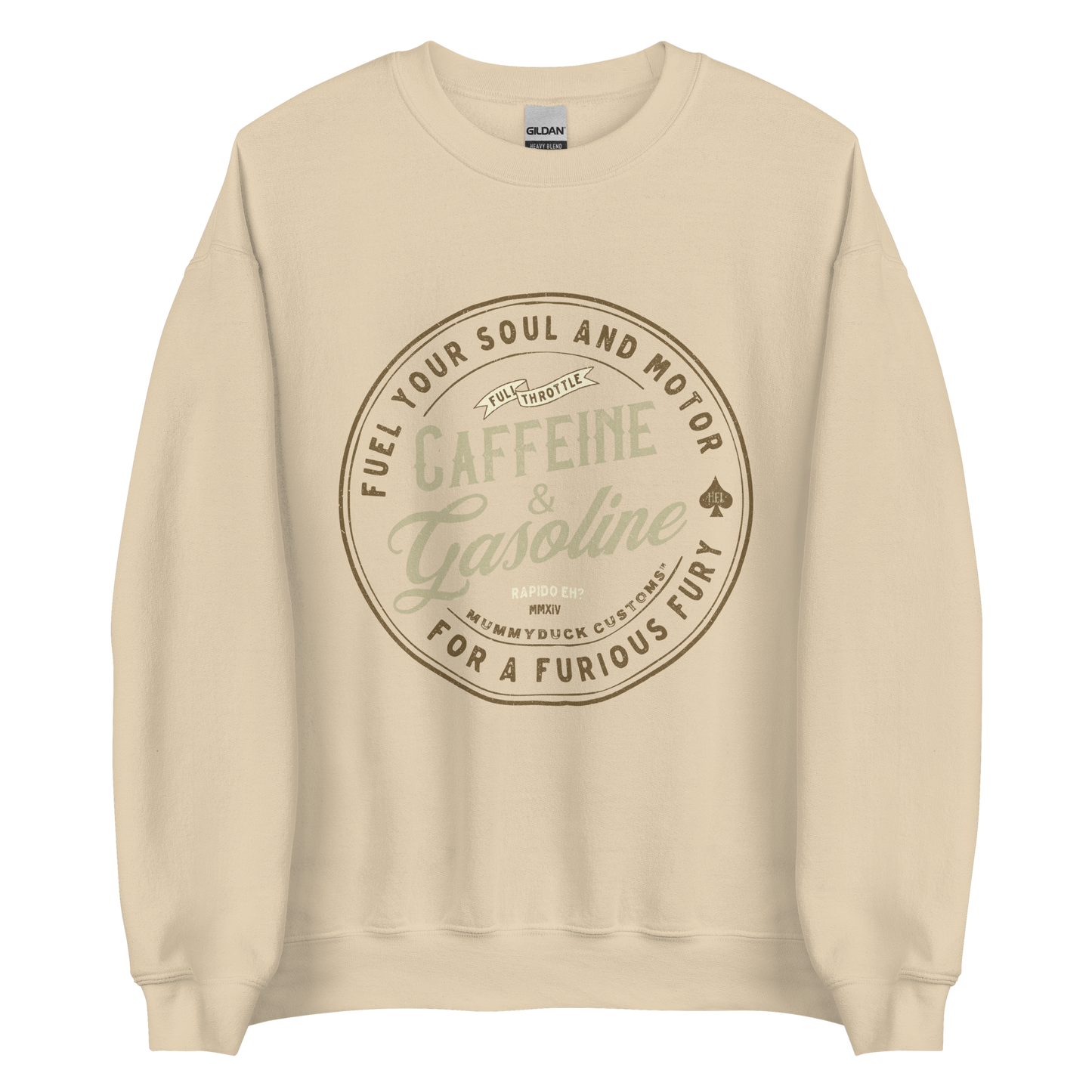 Sand Caffeine & Gasoline Sweatshirt, in soft lightweight material, excellent for motorbikers who love caffeine and the open road