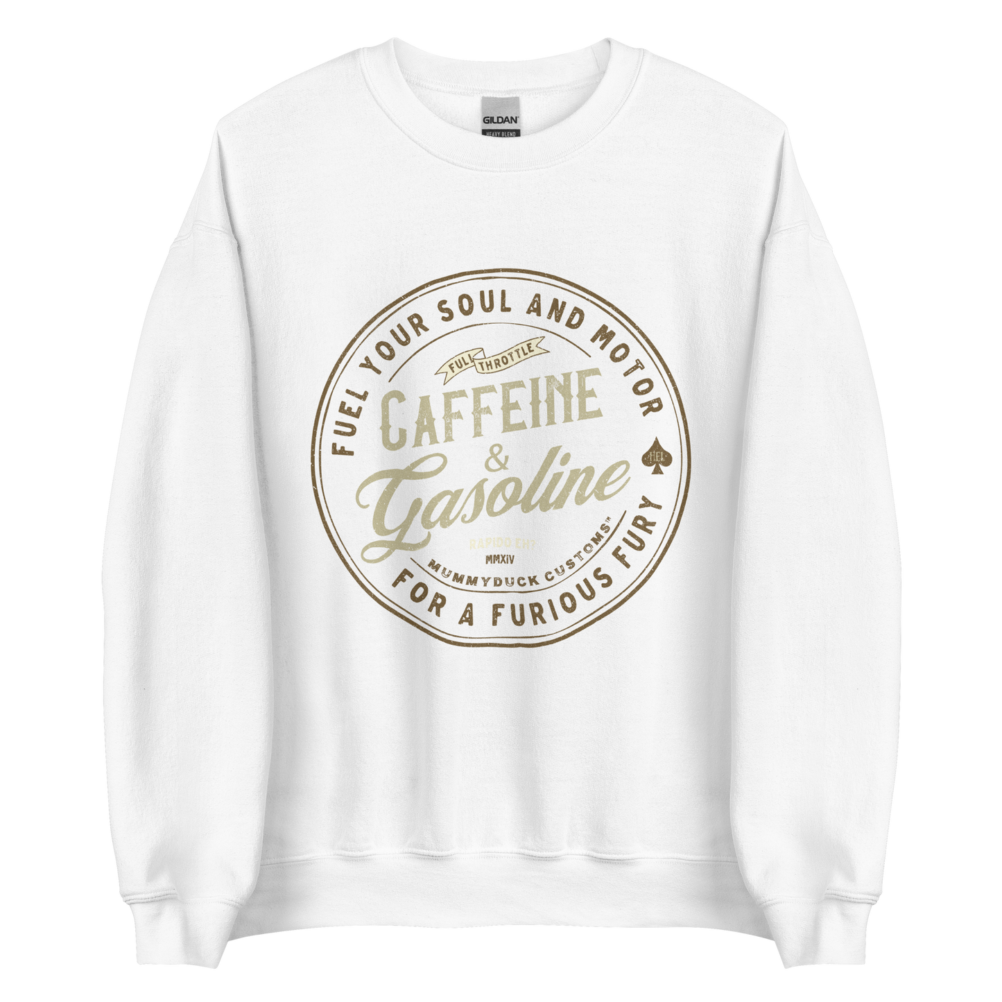 White Caffeine & Gasoline Sweatshirt, soft lightweight material, designed for coffee-loving motorbikers