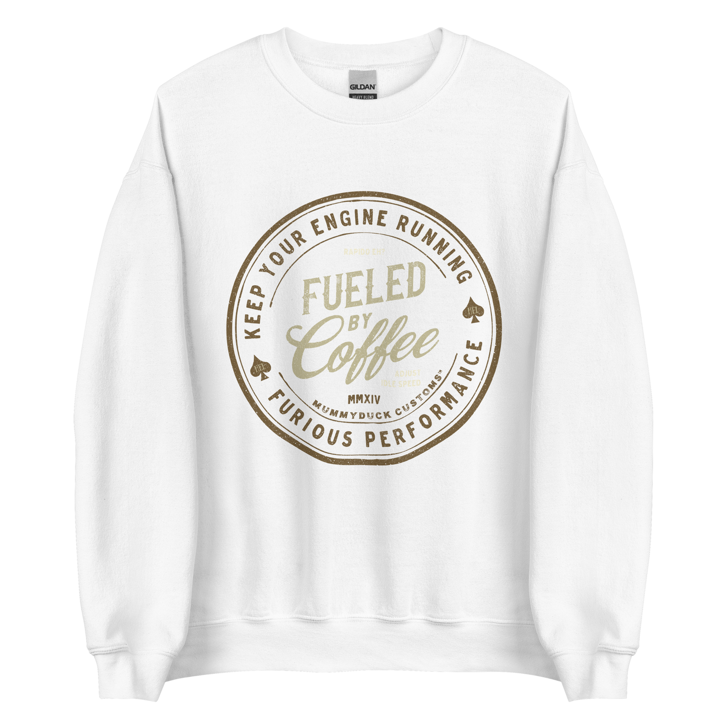 White Fueled By Coffee Motorbike Sweatshirt, made from soft lightweight fabric, designed for riders