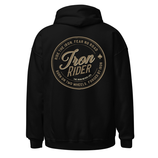 Iron Rider motorcycle hoodie with vintage logo design on the back, perfect for motorbike enthusiasts seeking style and comfort.
