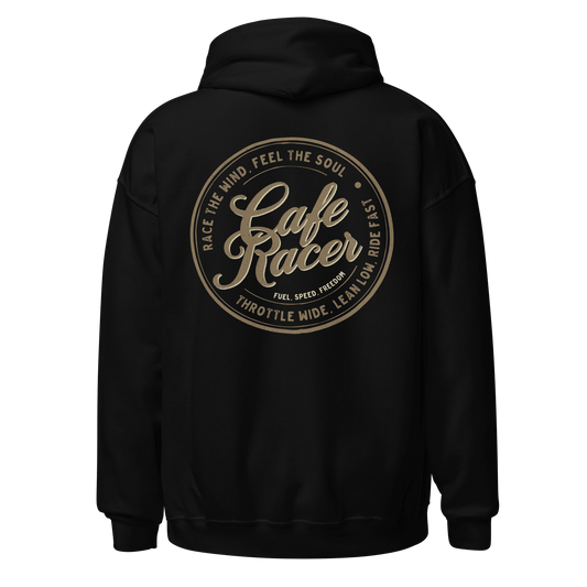 Cafe Racer hoodie with vintage motorcycle design on the back in black fabric, perfect for bike enthusiasts and classic apparel lovers.