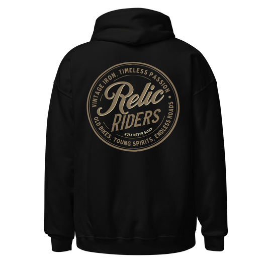 Relic Riders Motorcycle Hoodie with Vintage Iron Timeless Passion Design on Back