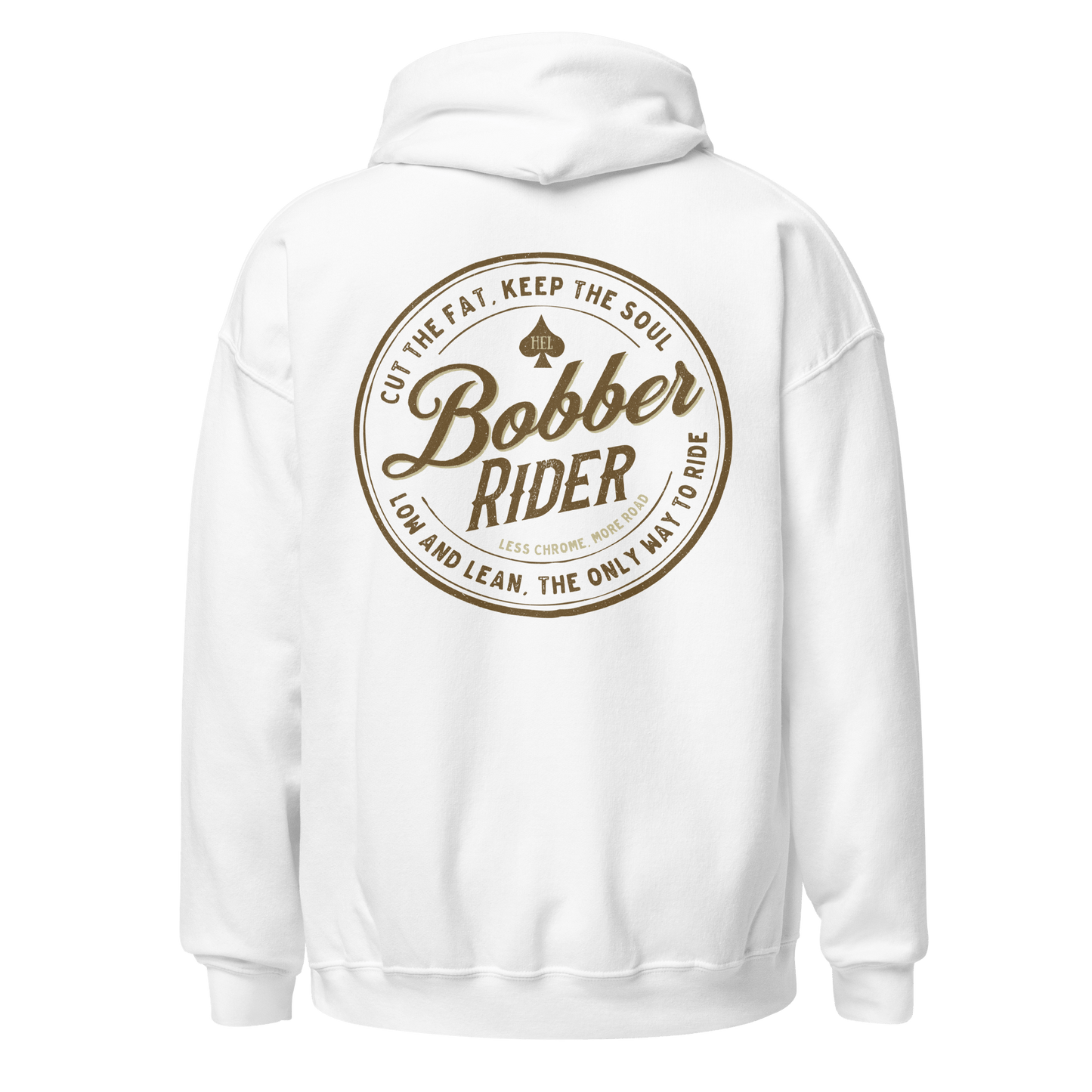 White Bobber Rider Motorcycle Hoodie with vintage-style back design for motorbike enthusiasts and classic style lovers.