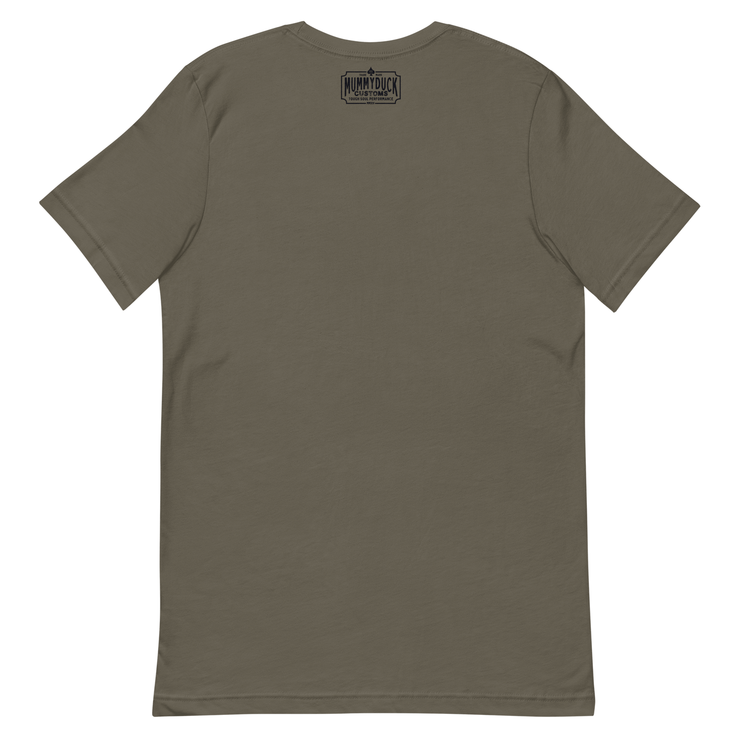 Olive green Pinstripe Flathead Motorcycle T-shirt back view, featuring a soft and lightweight fabric with a vintage motorcycle style.