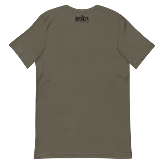 Olive green Pinstripe Flathead Motorcycle T-shirt back view, featuring a soft and lightweight fabric with a vintage motorcycle style.