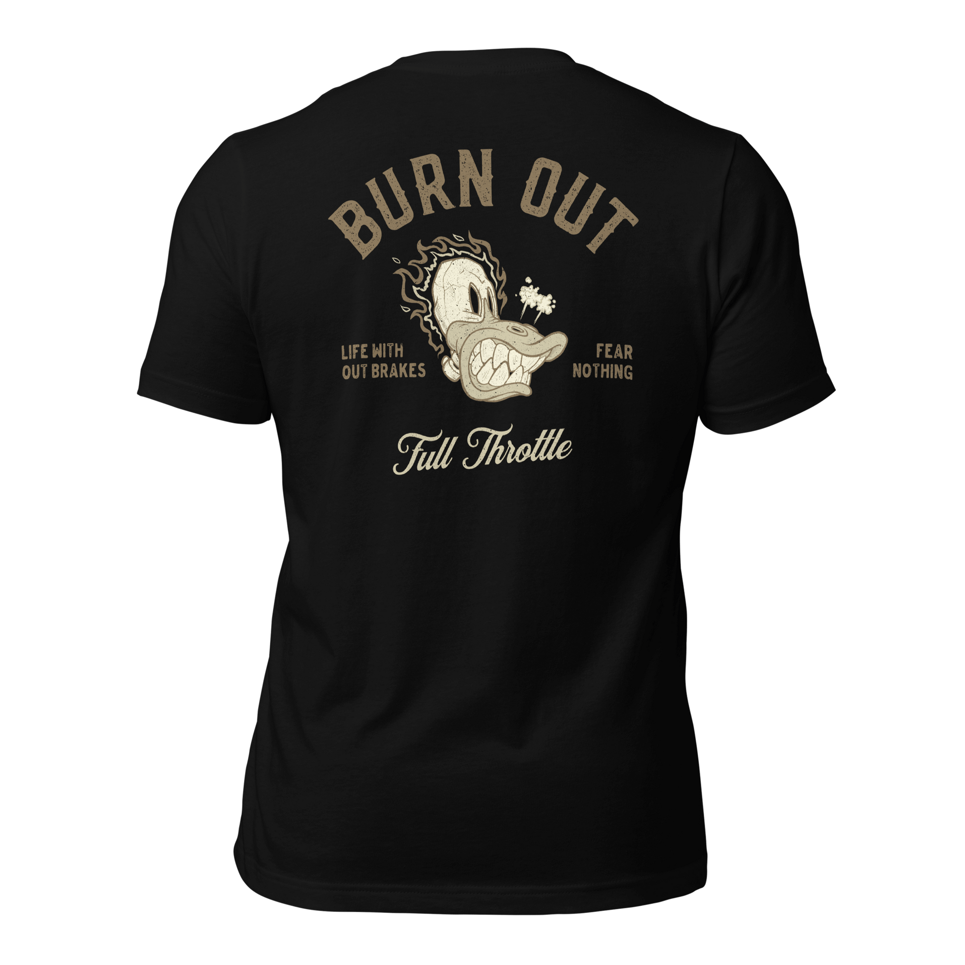 "Burn Out Motorcycle T-shirt with 'Life Without Brakes' slogan and graphic design on back"