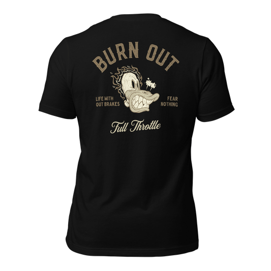 "Burn Out Motorcycle T-shirt with 'Life Without Brakes' slogan and graphic design on back"