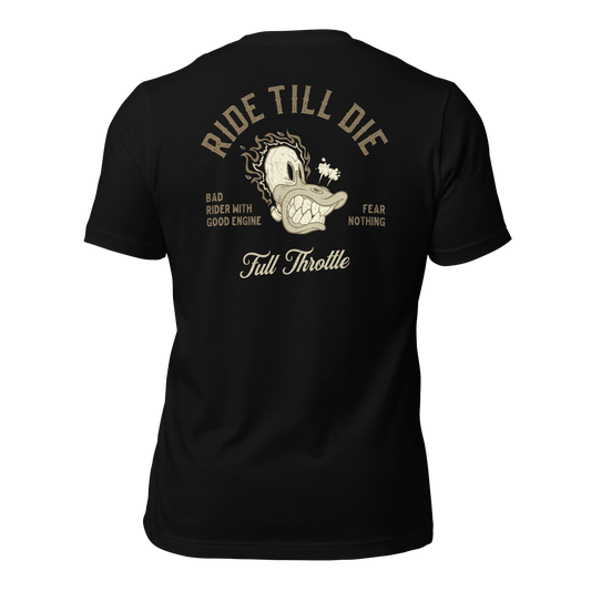 Black Ride Till Die t-shirt with bold skull graphic for motorcycle enthusiasts