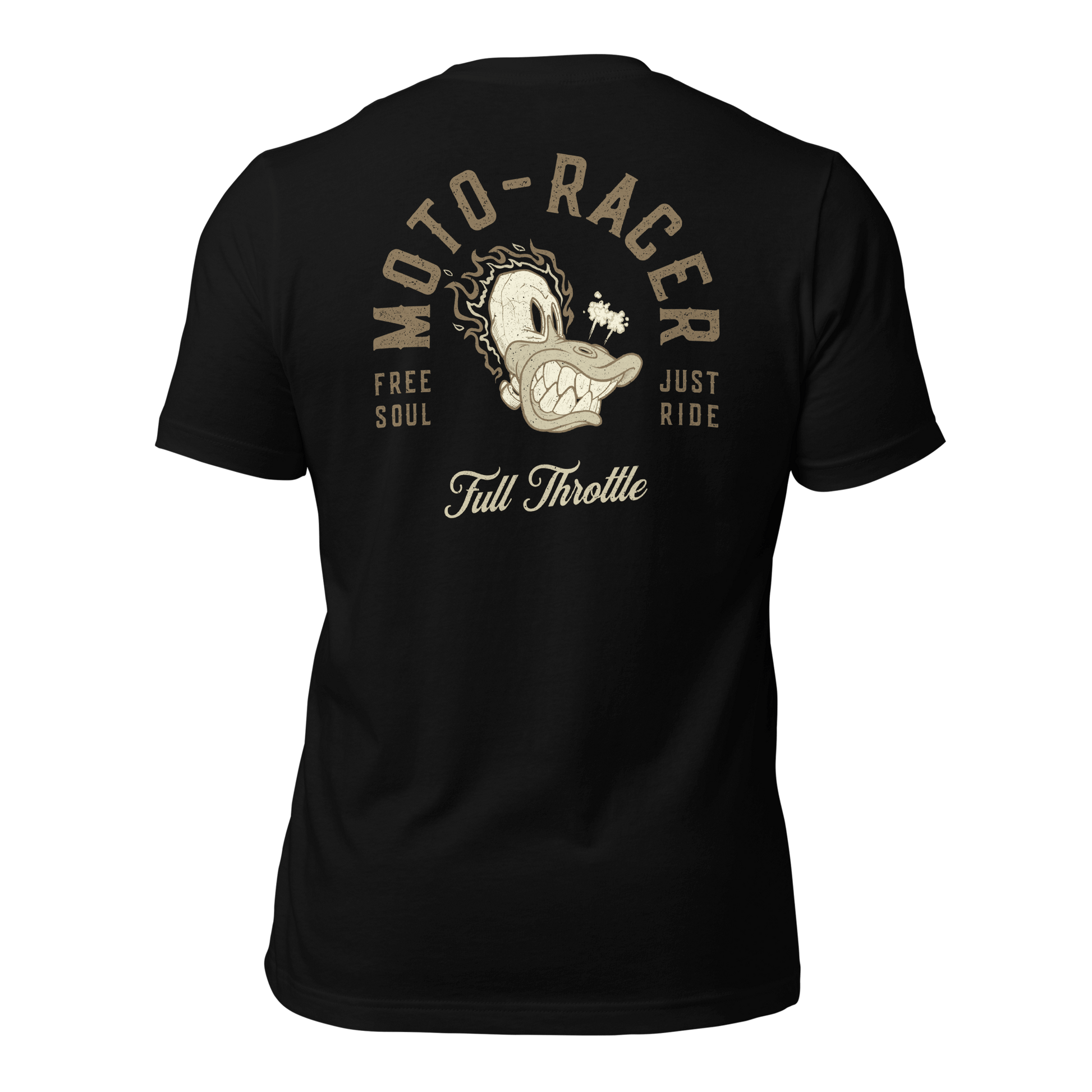Moto Racer t-shirt with "Free Soul Just Ride" and cartoon graphic, black short-sleeve, embodies motorcycle passion and freedom.
